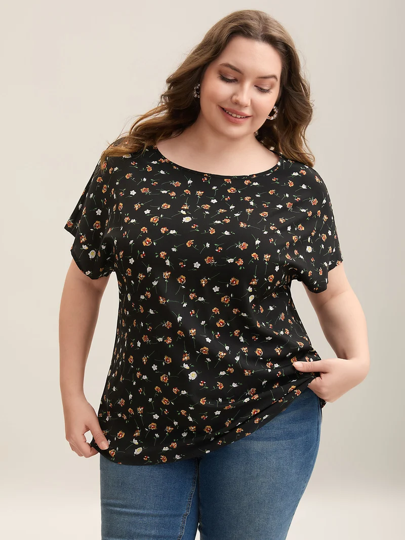 Floral Print Boatneck Half Sleeve Blouse