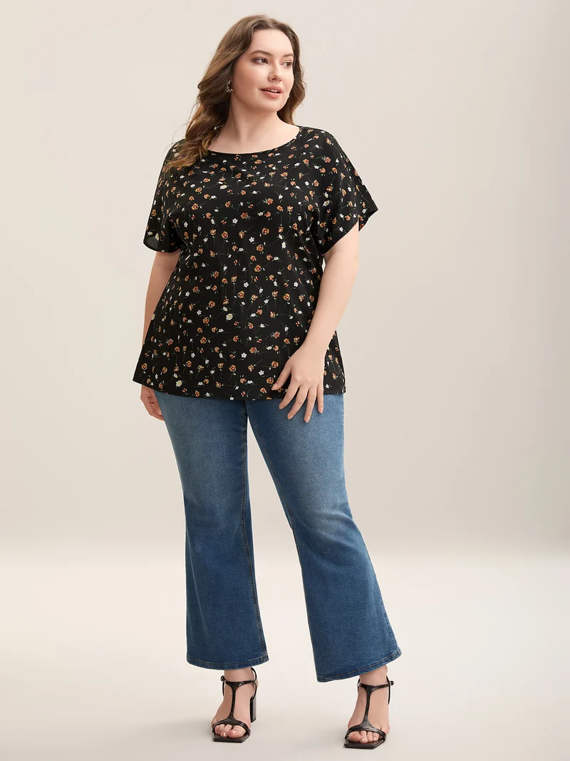 Floral Print Boatneck Half Sleeve Blouse
