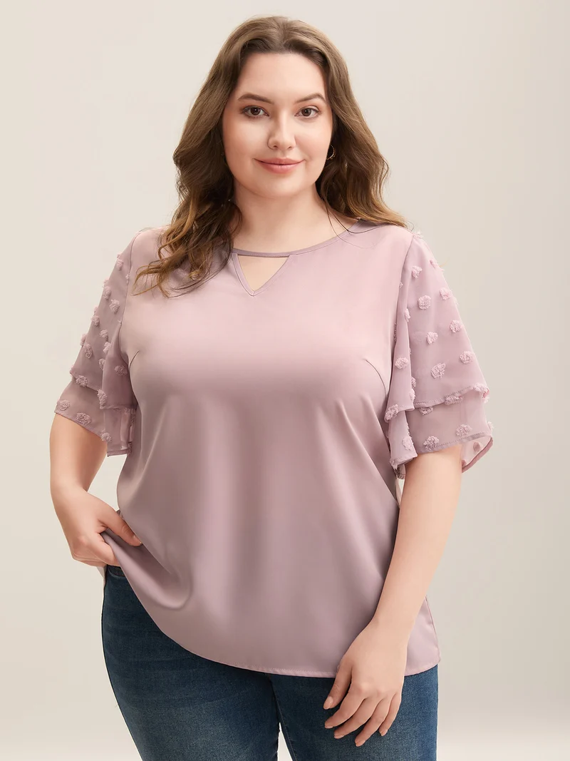 Textured Layered Ruffle Sleeve Keyhole Blouse
