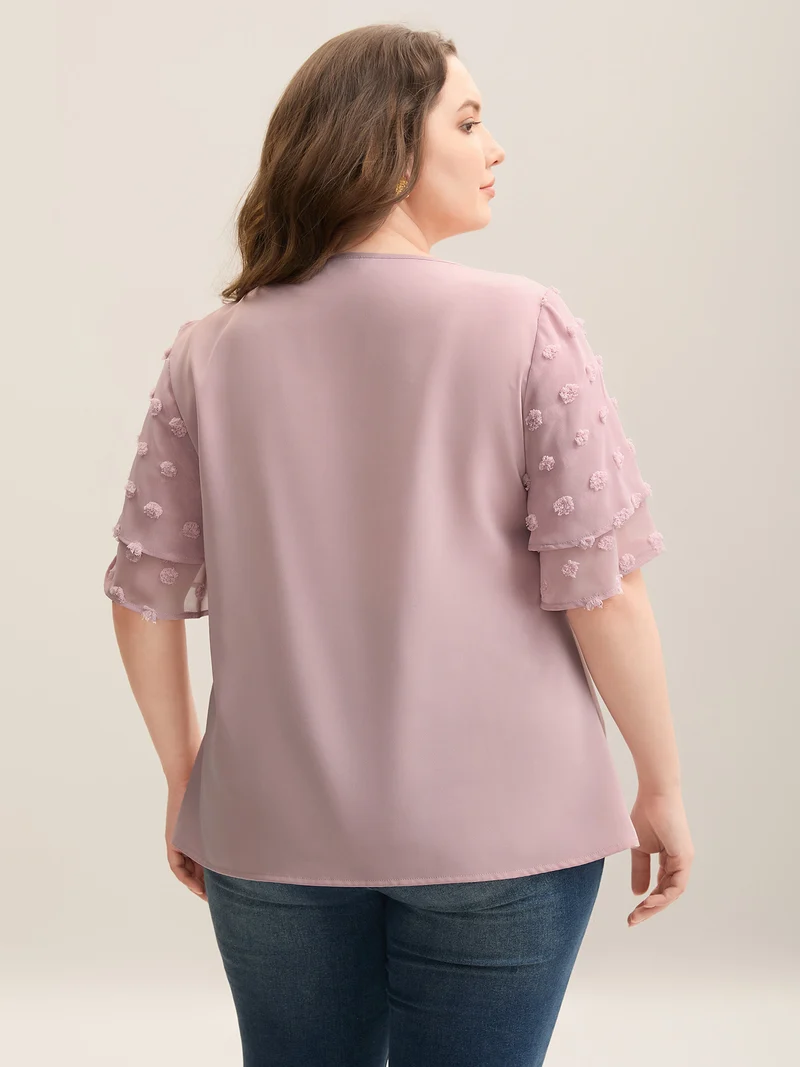 Textured Layered Ruffle Sleeve Keyhole Blouse