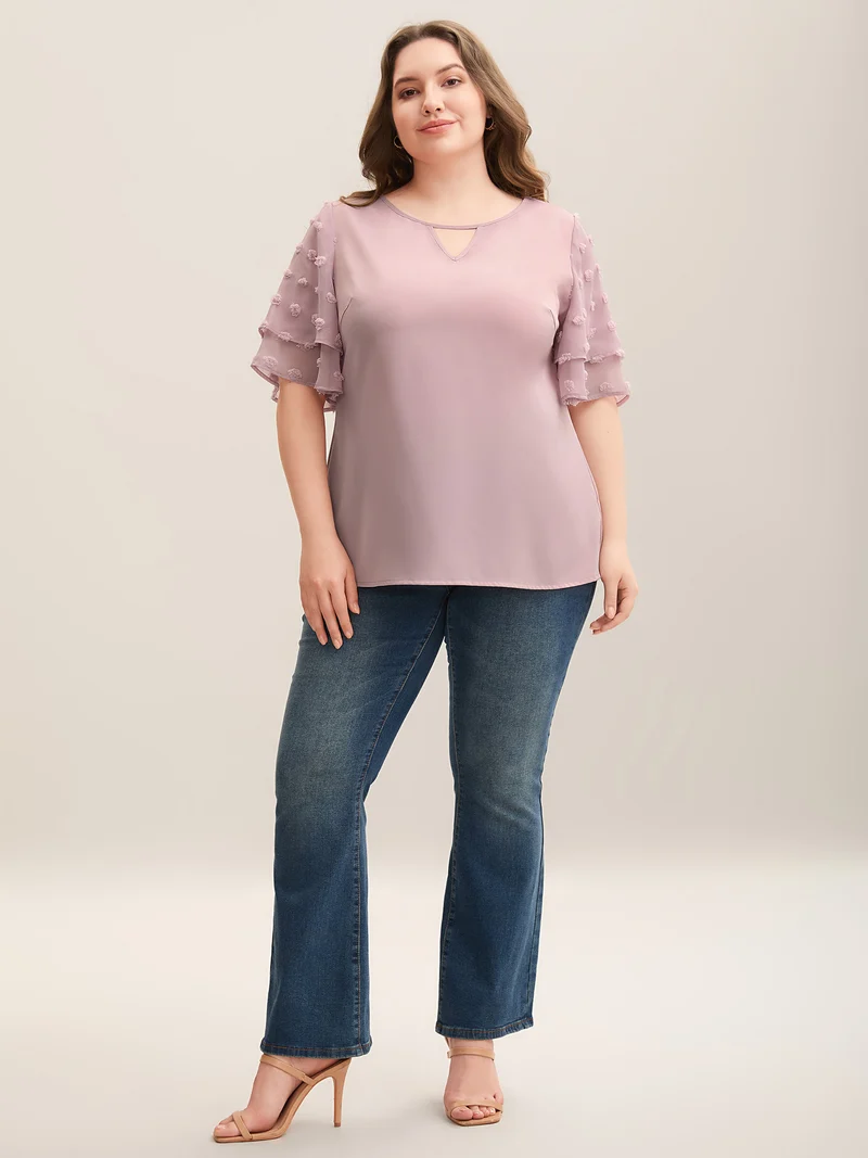 Textured Layered Ruffle Sleeve Keyhole Blouse