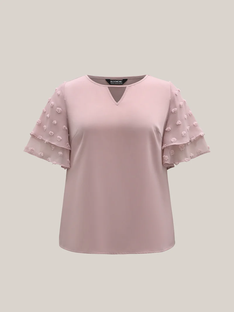 Textured Layered Ruffle Sleeve Keyhole Blouse