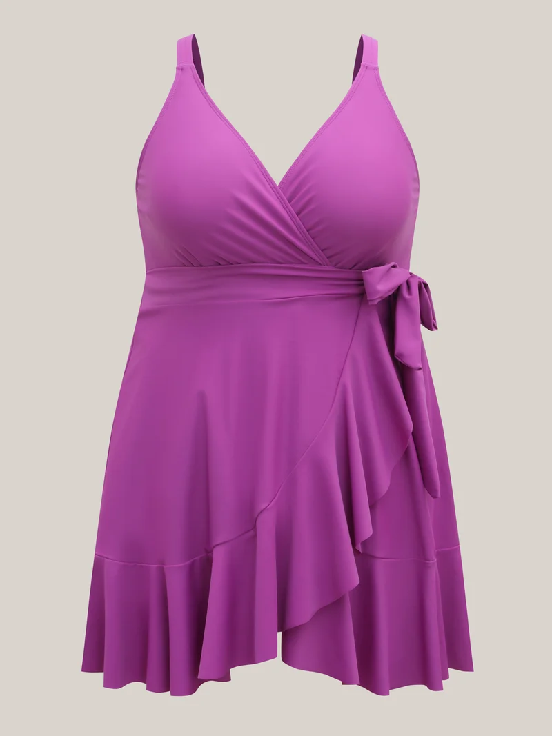 Flared Hem Waist-Tie Surplice Swim Dress