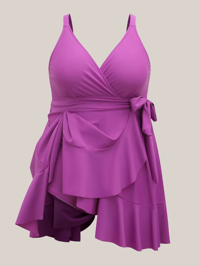 Flared Hem Waist-Tie Surplice Swim Dress