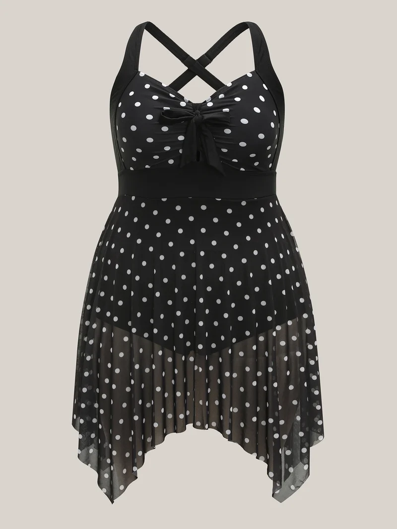 Polka Dot Spliced Knotted Swim Dress