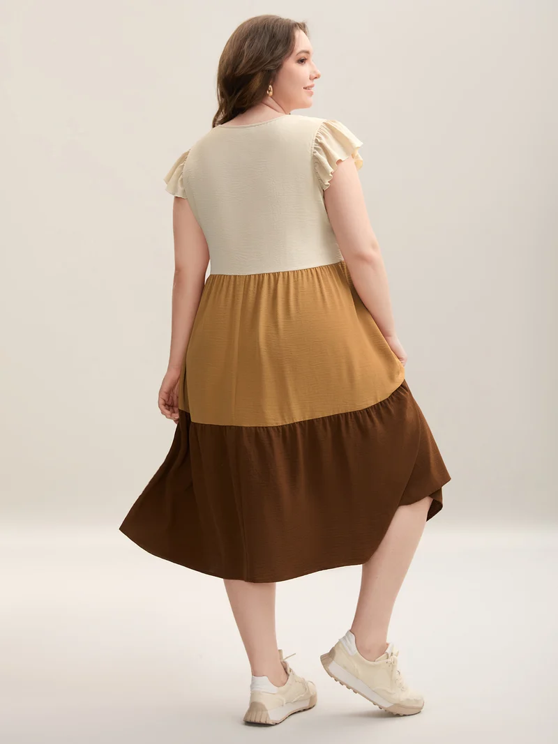 Color Block Ruffled Sleeve Tiered Midi Dress