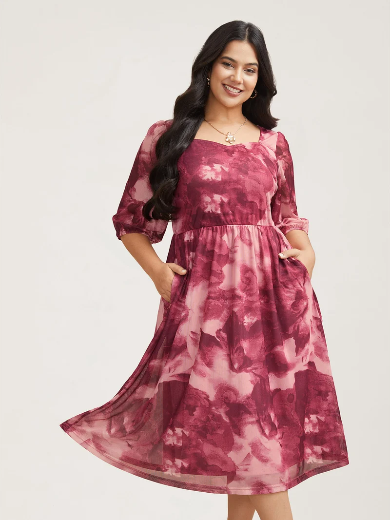 Ombre Gradient Mesh Puff Sleeve Midi Dress