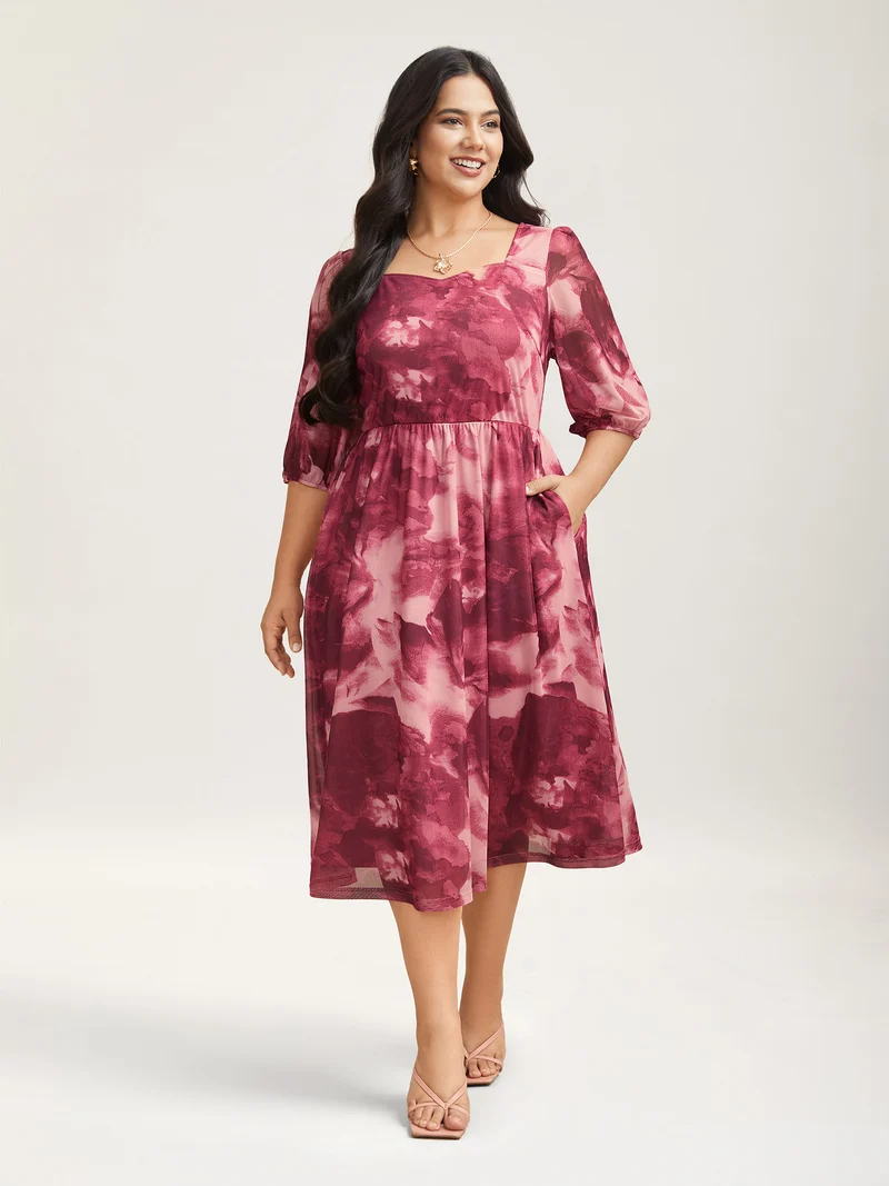 Ombre Gradient Mesh Puff Sleeve Midi Dress