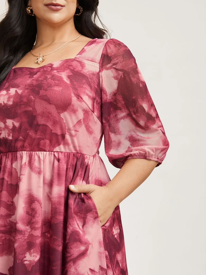 Ombre Gradient Mesh Puff Sleeve Midi Dress