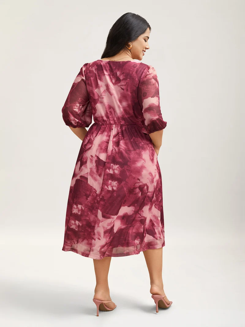 Ombre Gradient Mesh Puff Sleeve Midi Dress