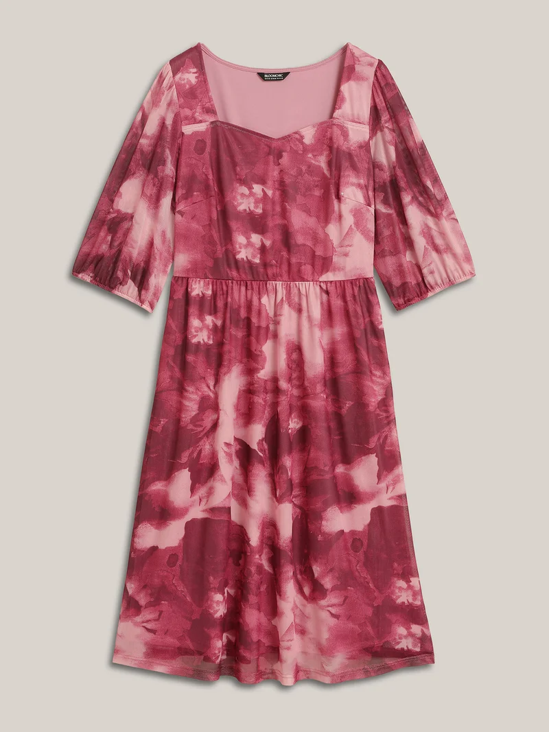 Ombre Gradient Mesh Puff Sleeve Midi Dress