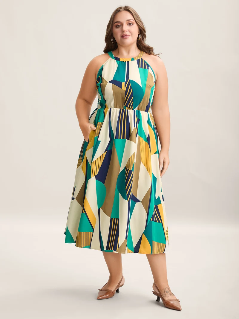 Abstract Print Halter Neck Pockets Midi Dress