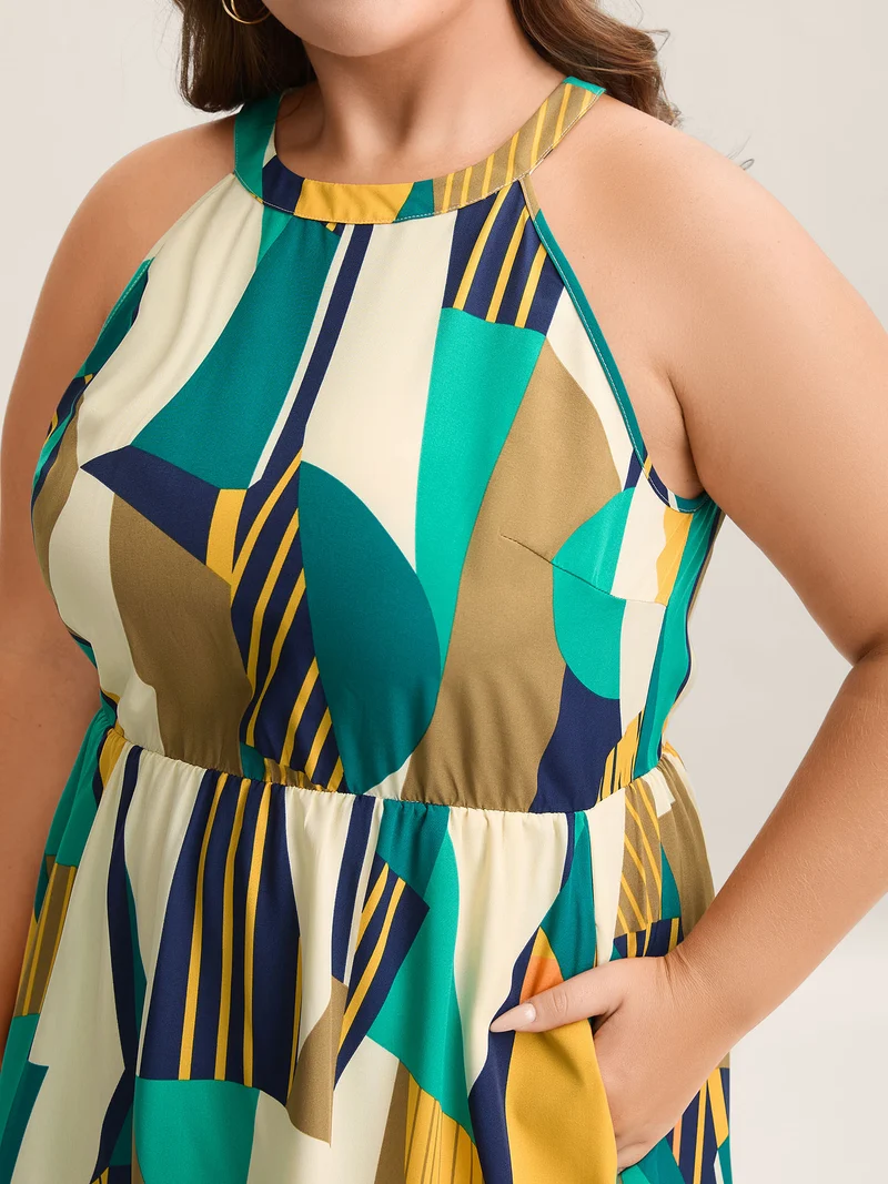 Abstract Print Halter Neck Pockets Midi Dress