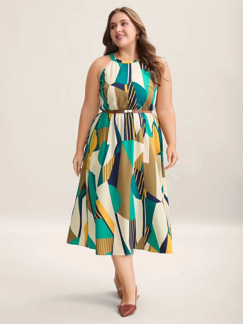 Abstract Print Halter Neck Pockets Midi Dress
