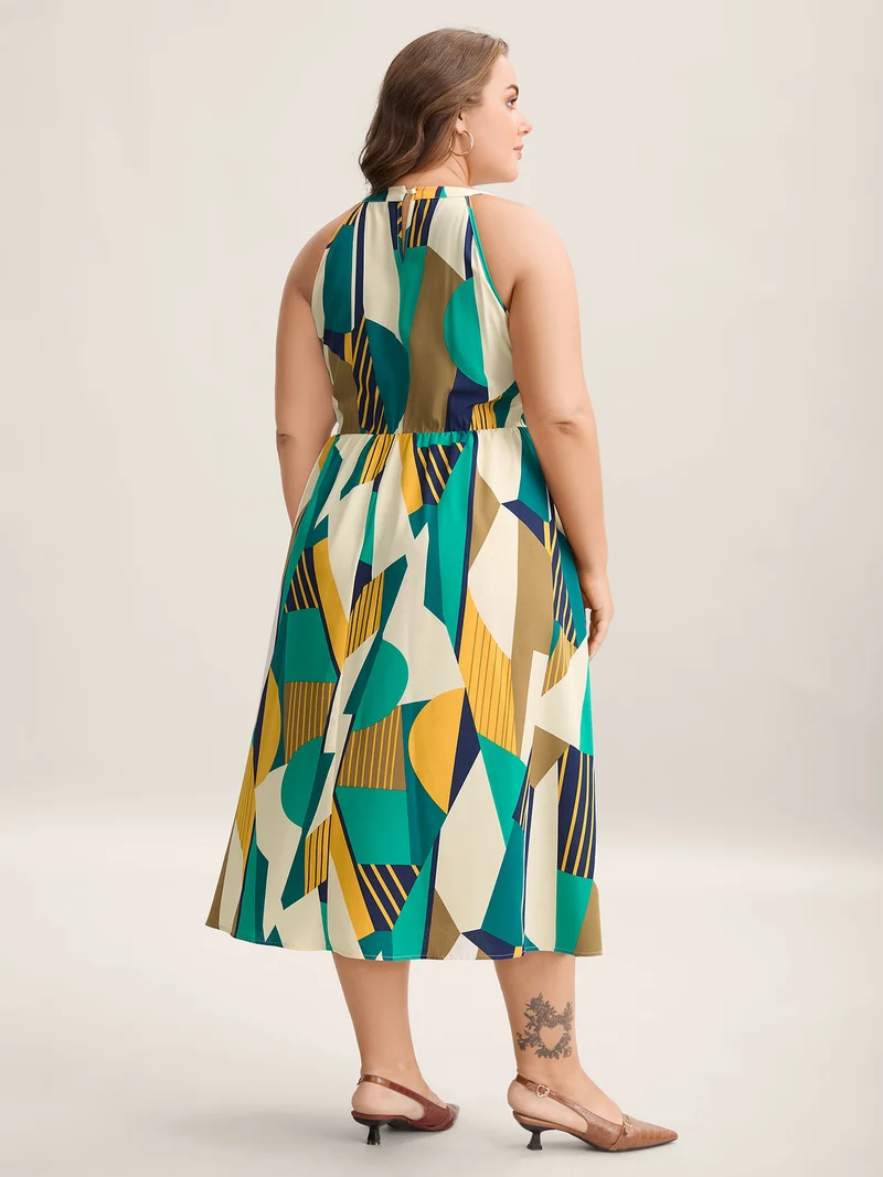 Abstract Print Halter Neck Pockets Midi Dress