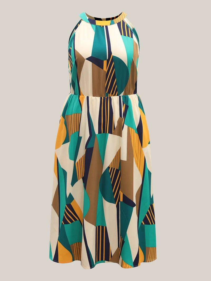 Abstract Print Halter Neck Pockets Midi Dress