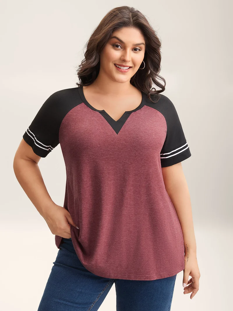 Color Contrast Split Neck Everyday T-Shirt