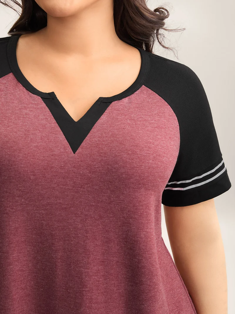 Color Contrast Split Neck Everyday T-Shirt