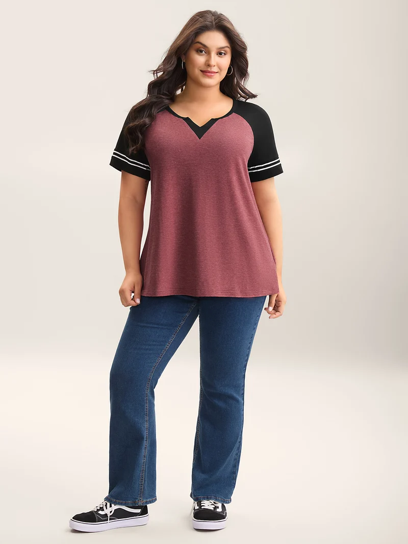 Color Contrast Split Neck Everyday T-Shirt