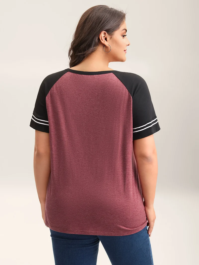 Color Contrast Split Neck Everyday T-Shirt