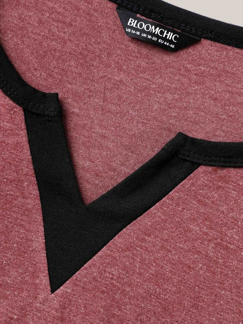 Color Contrast Split Neck Everyday T-Shirt