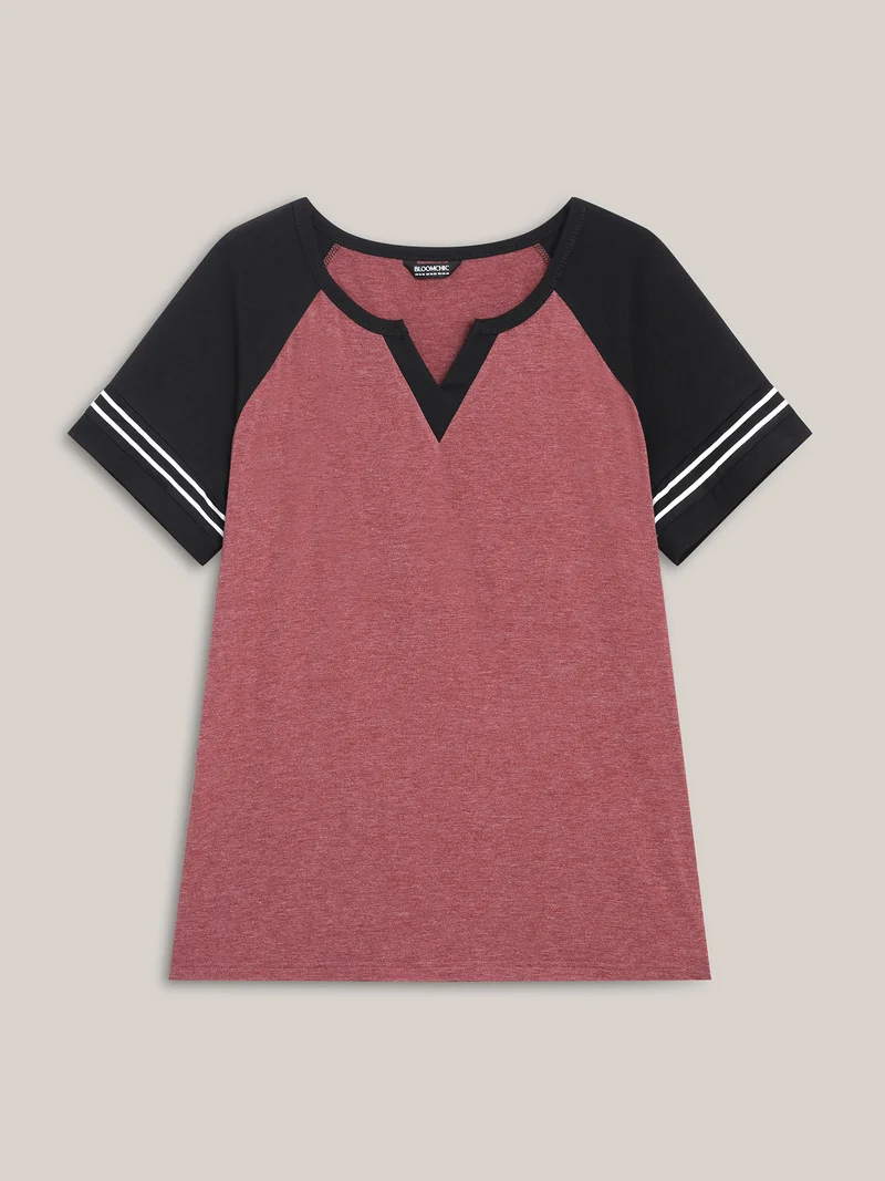 Color Contrast Split Neck Everyday T-Shirt