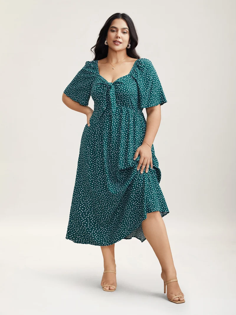 Rayon Polka Dot Neck-Tie Midi Dress