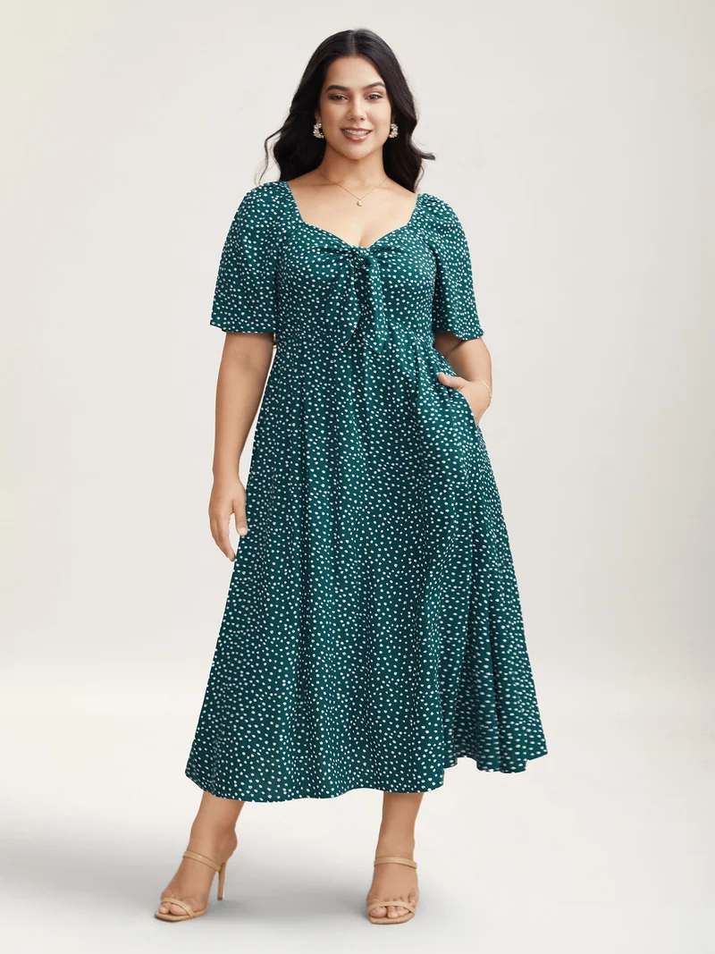 Rayon Polka Dot Neck-Tie Midi Dress