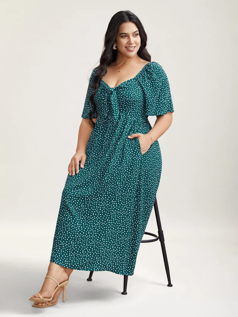 Rayon Polka Dot Neck-Tie Midi Dress