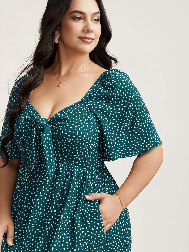Rayon Polka Dot Neck-Tie Midi Dress