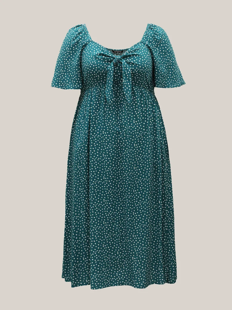 Rayon Polka Dot Neck-Tie Midi Dress