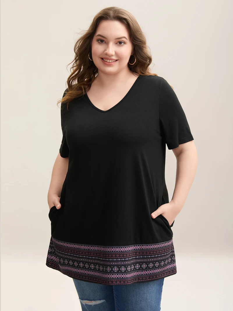 Boho Striped Hem Stretchy Pockets T-Shirt