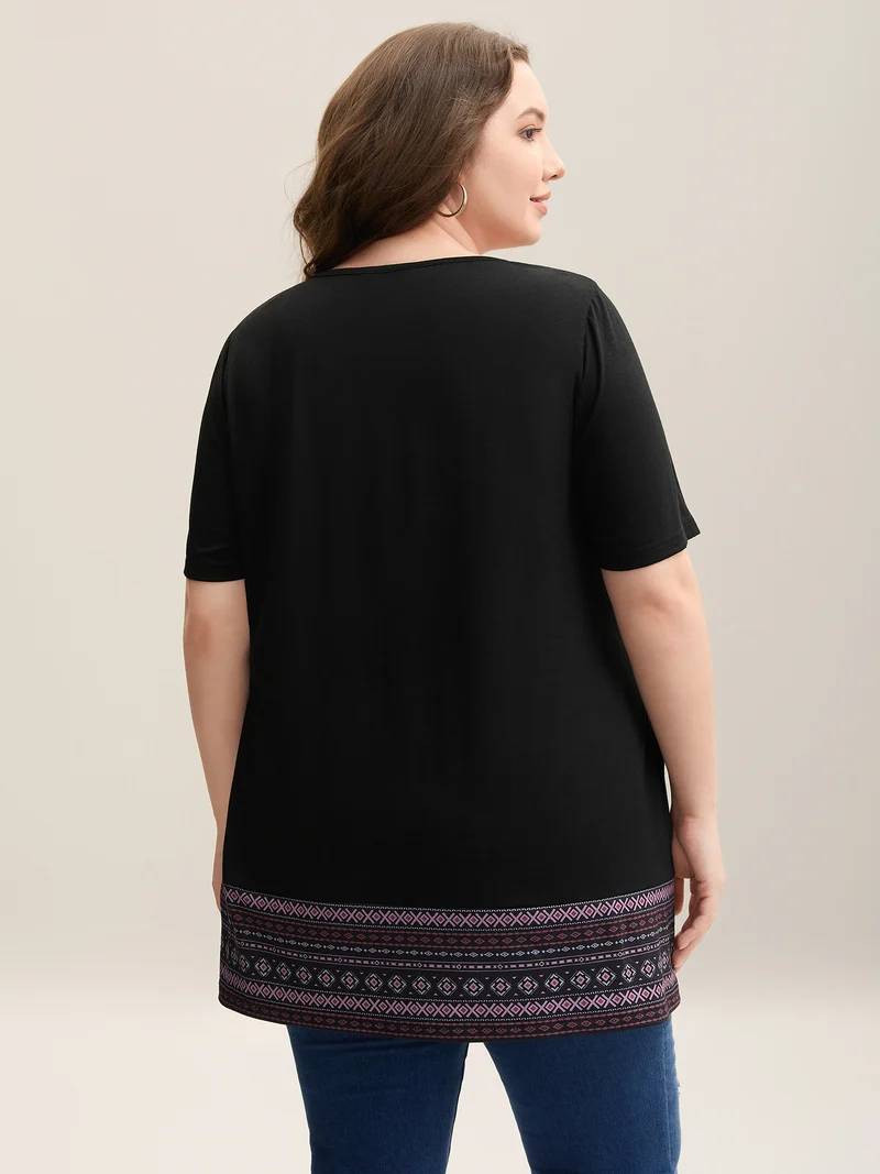 Boho Striped Hem Stretchy Pockets T-Shirt