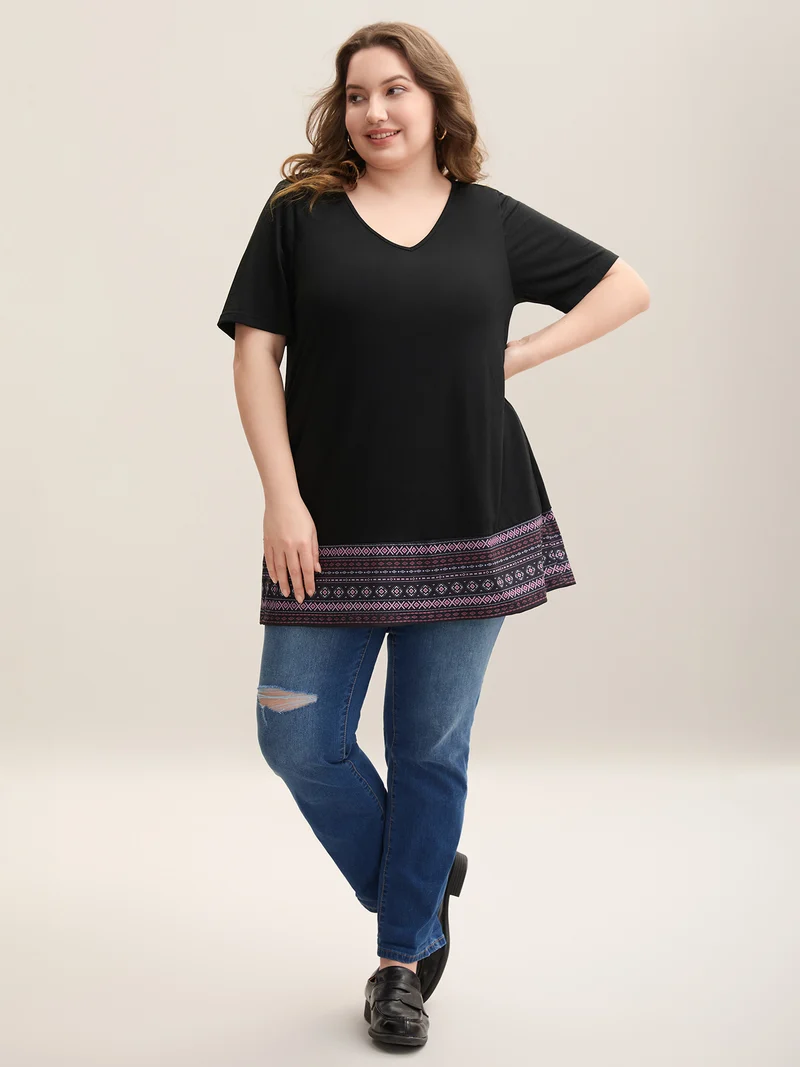 Boho Striped Hem Stretchy Pockets T-Shirt