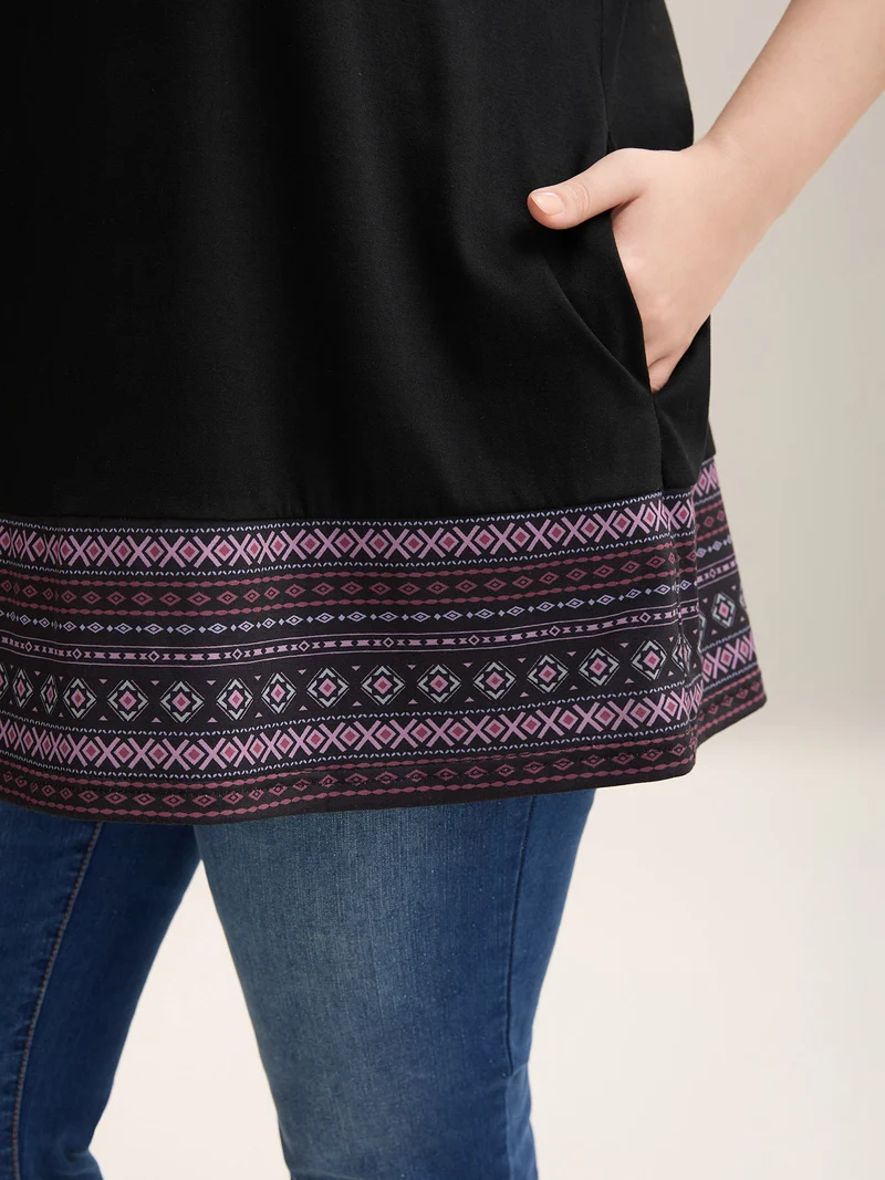 Boho Striped Hem Stretchy Pockets T-Shirt