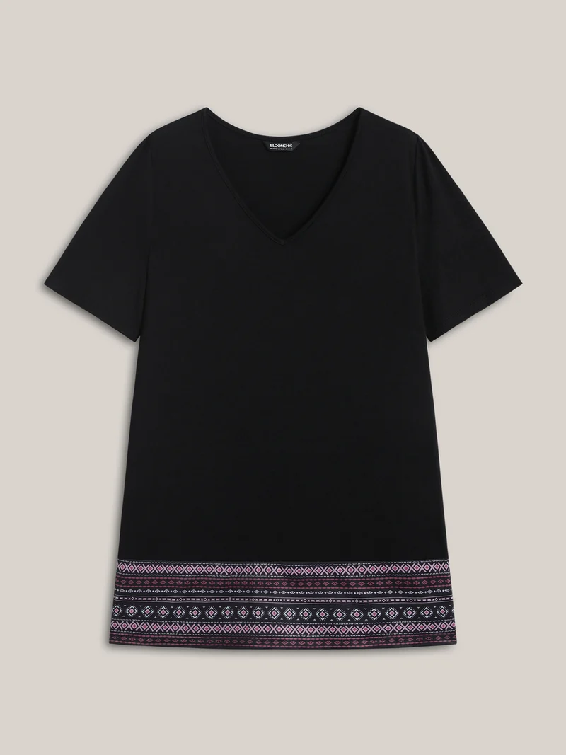 Boho Striped Hem Stretchy Pockets T-Shirt
