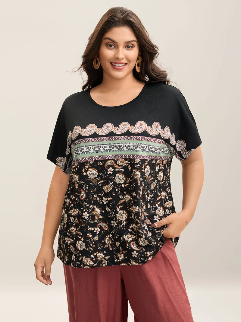 Paisley Contrast Print Half Sleeve T-Shirt