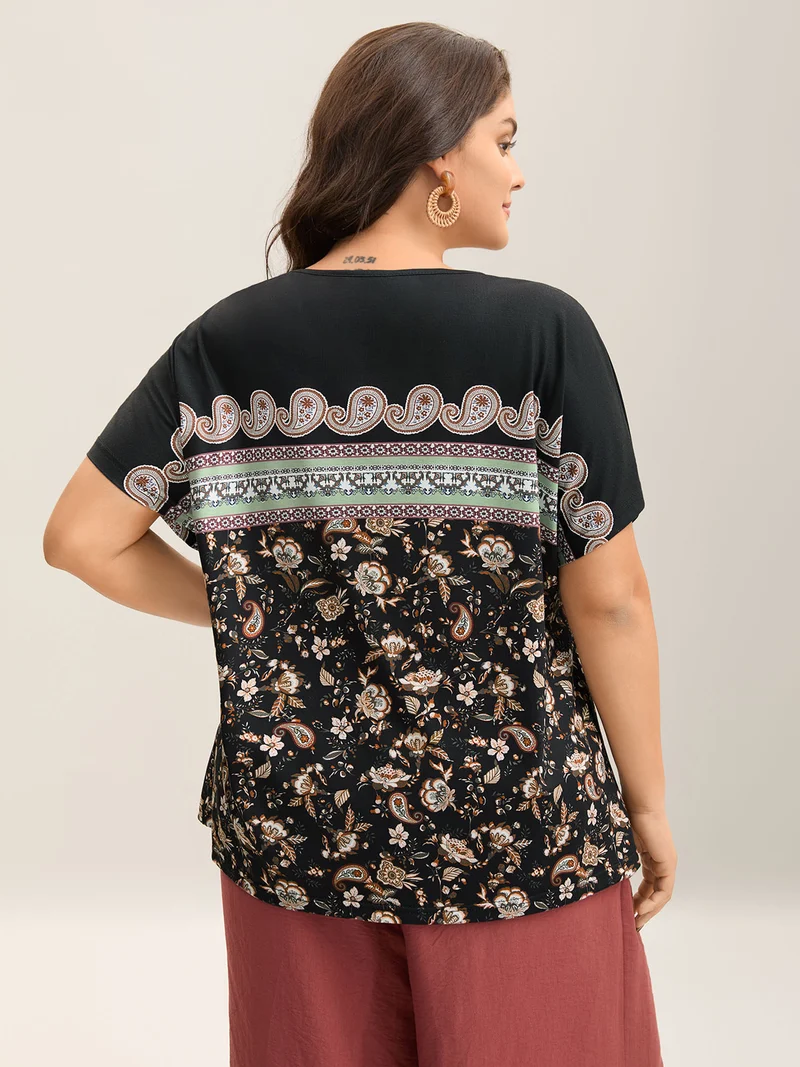 Paisley Contrast Print Half Sleeve T-Shirt