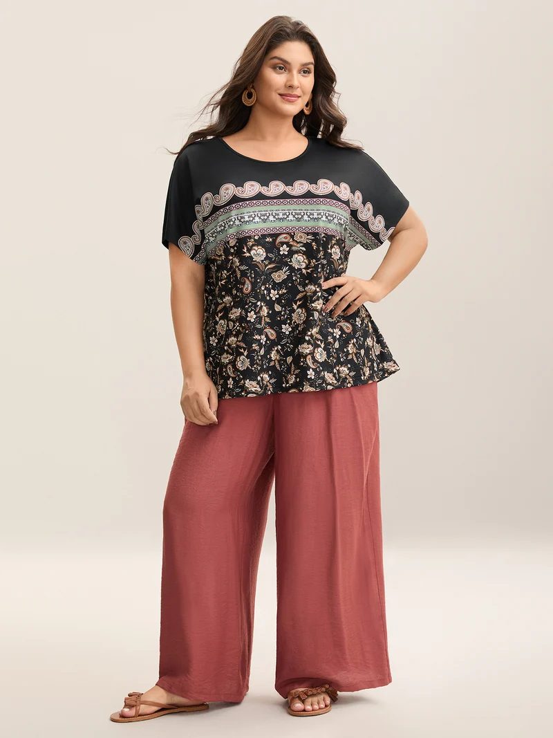 Paisley Contrast Print Half Sleeve T-Shirt