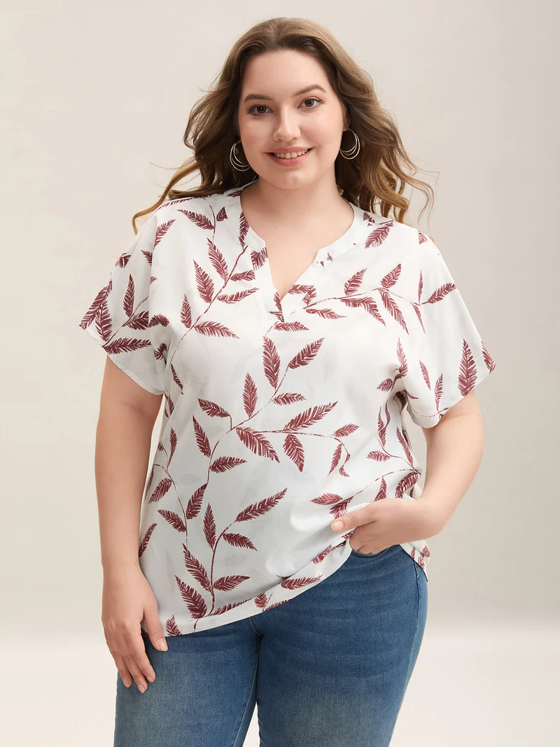 Leaf Print Notched Collar Blouse