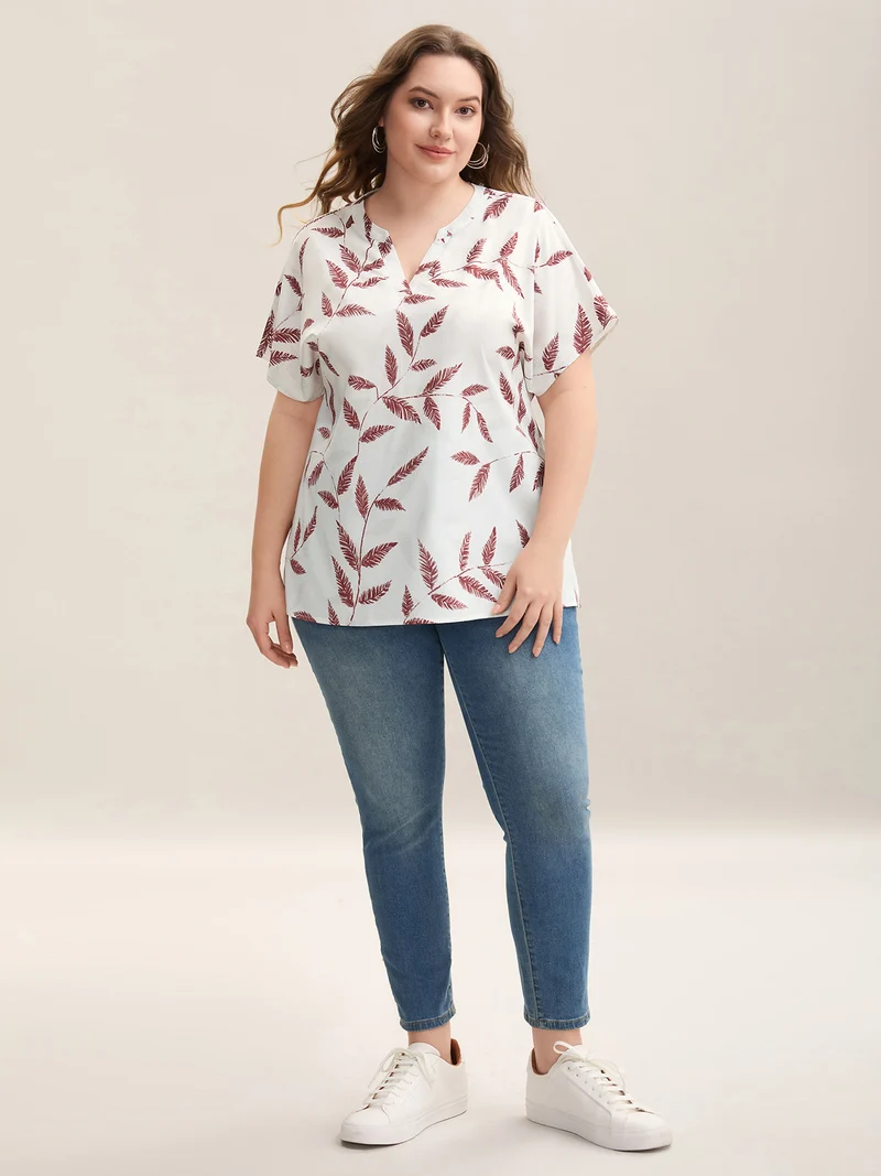 Leaf Print Notched Collar Blouse