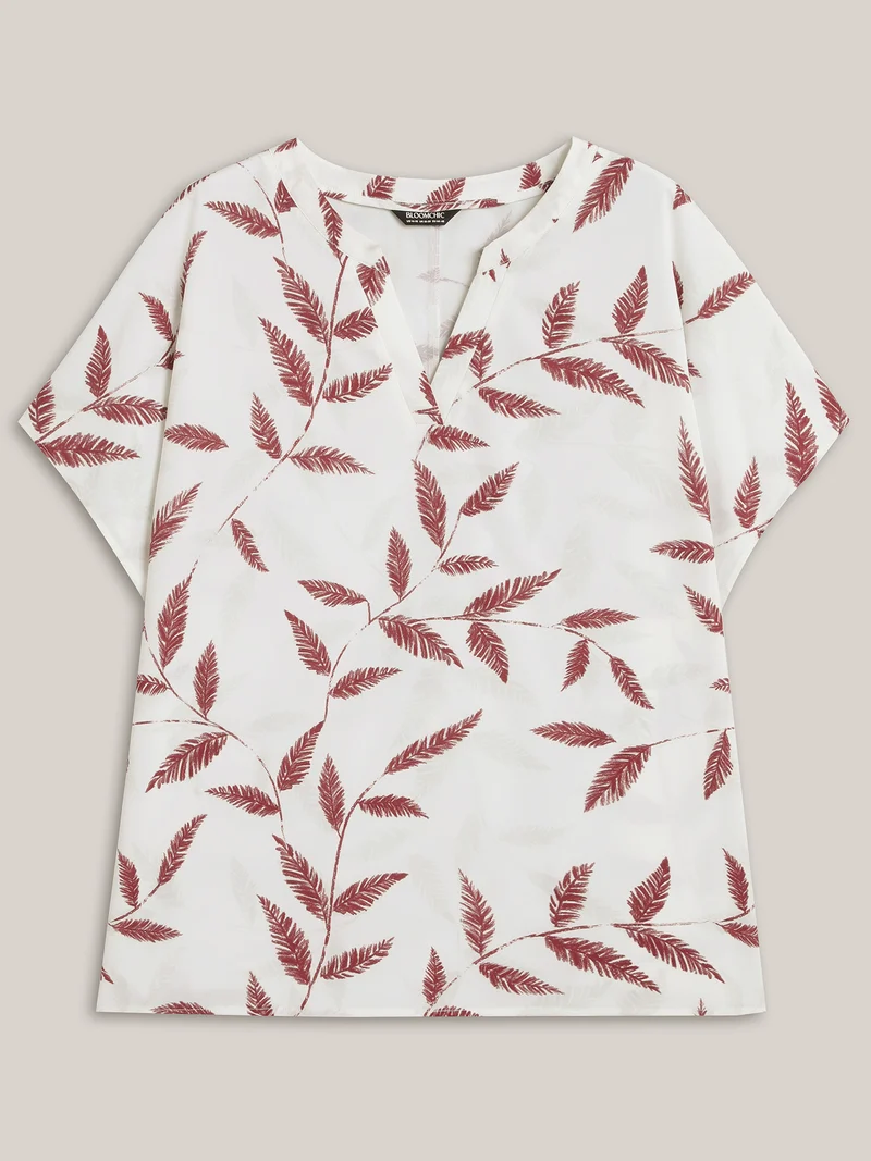 Leaf Print Notched Collar Blouse