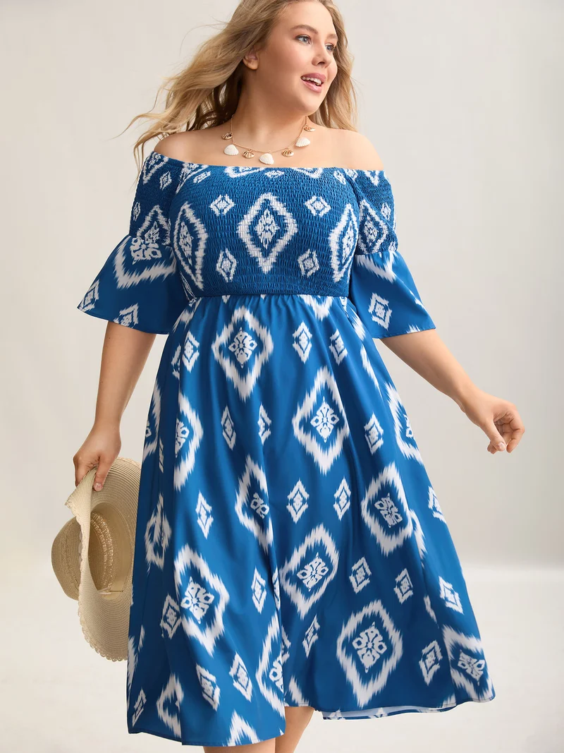 Bandana Print Off-Shoulder Pockets Midi Dress