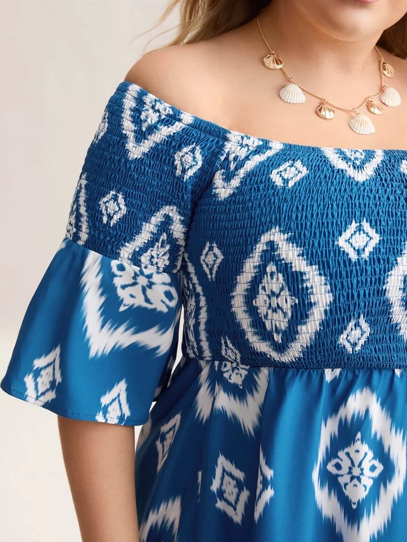 Bandana Print Off-Shoulder Pockets Midi Dress