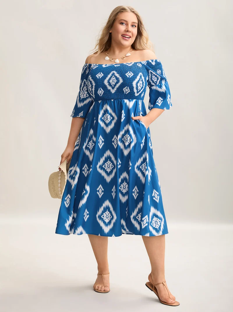 Bandana Print Off-Shoulder Pockets Midi Dress