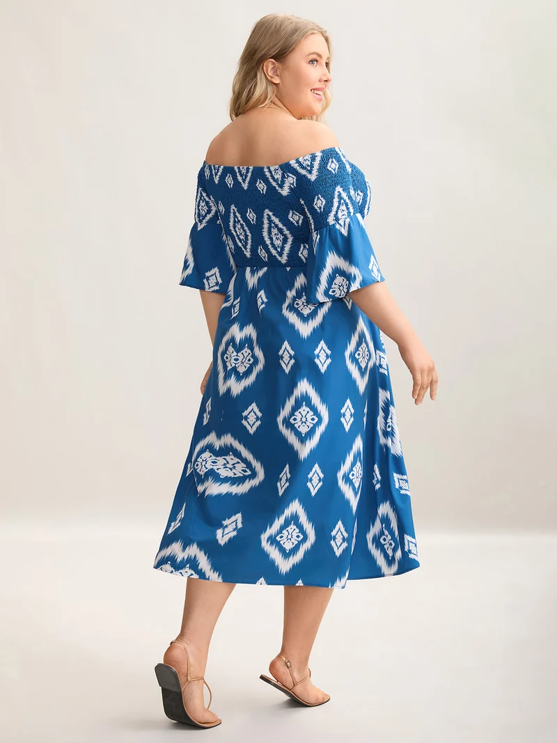 Bandana Print Off-Shoulder Pockets Midi Dress
