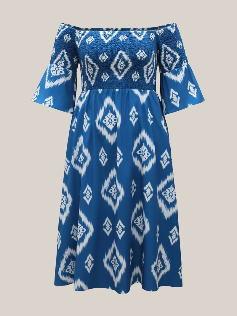 Bandana Print Off-Shoulder Pockets Midi Dress