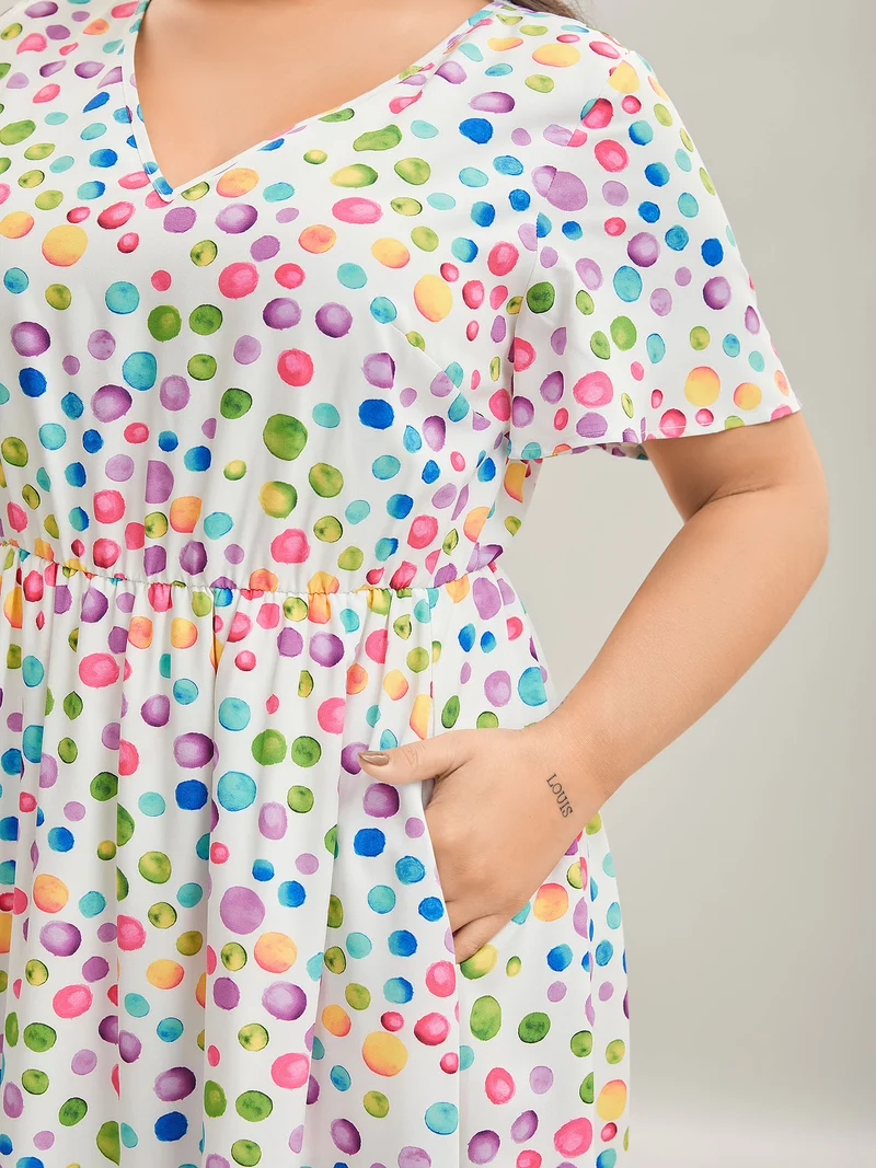 Polka Dots Print Pockets V-Neck Midi Dress