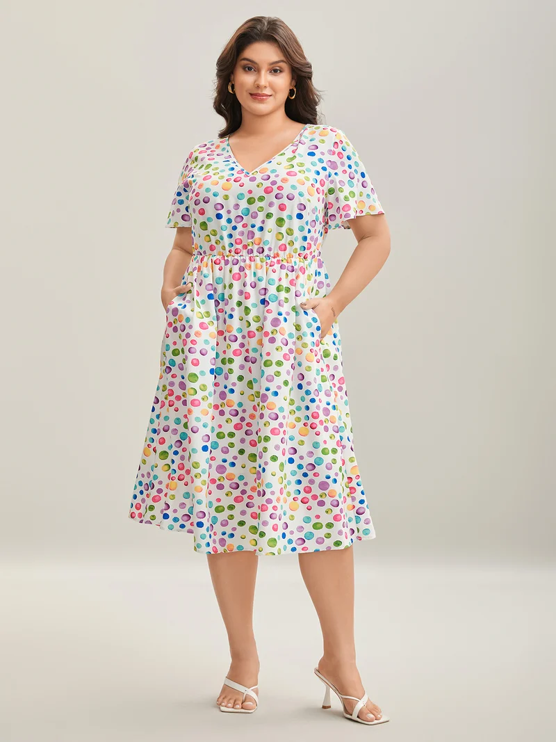 Polka Dots Print Pockets V-Neck Midi Dress