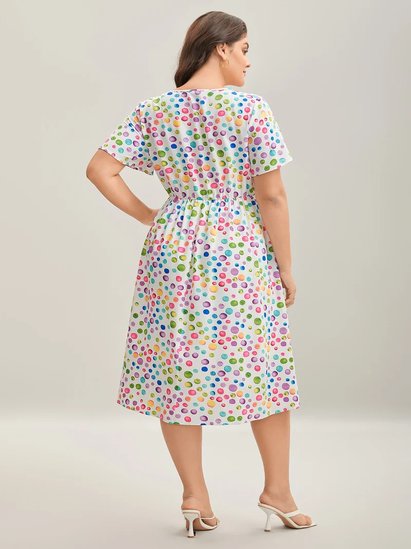Polka Dots Print Pockets V-Neck Midi Dress